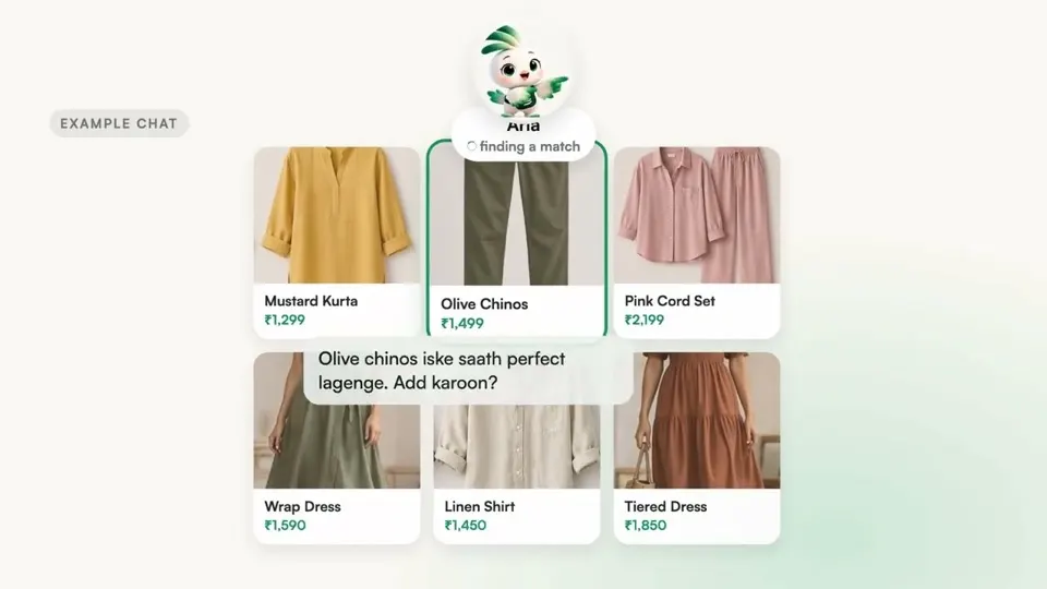 Aria, Behaf's AI salesperson, recommends olive chinos in an example WhatsApp chat