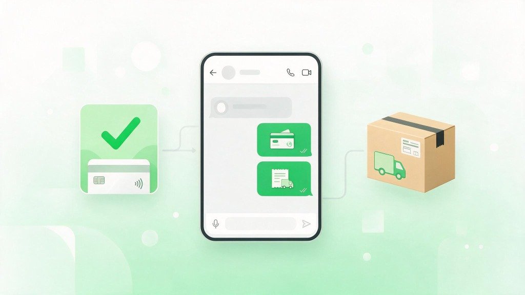 Illustration showing a WhatsApp chat interface connected to a payment confirmation card on the left and a shipping delivery box on the right, representing Behaf's automated payment and shipping flow for D2C sellers