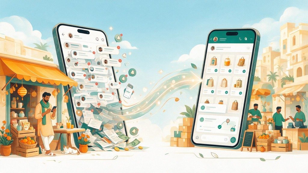 Comparison between chaotic Instagram DM orders and a clean WhatsApp store interface
