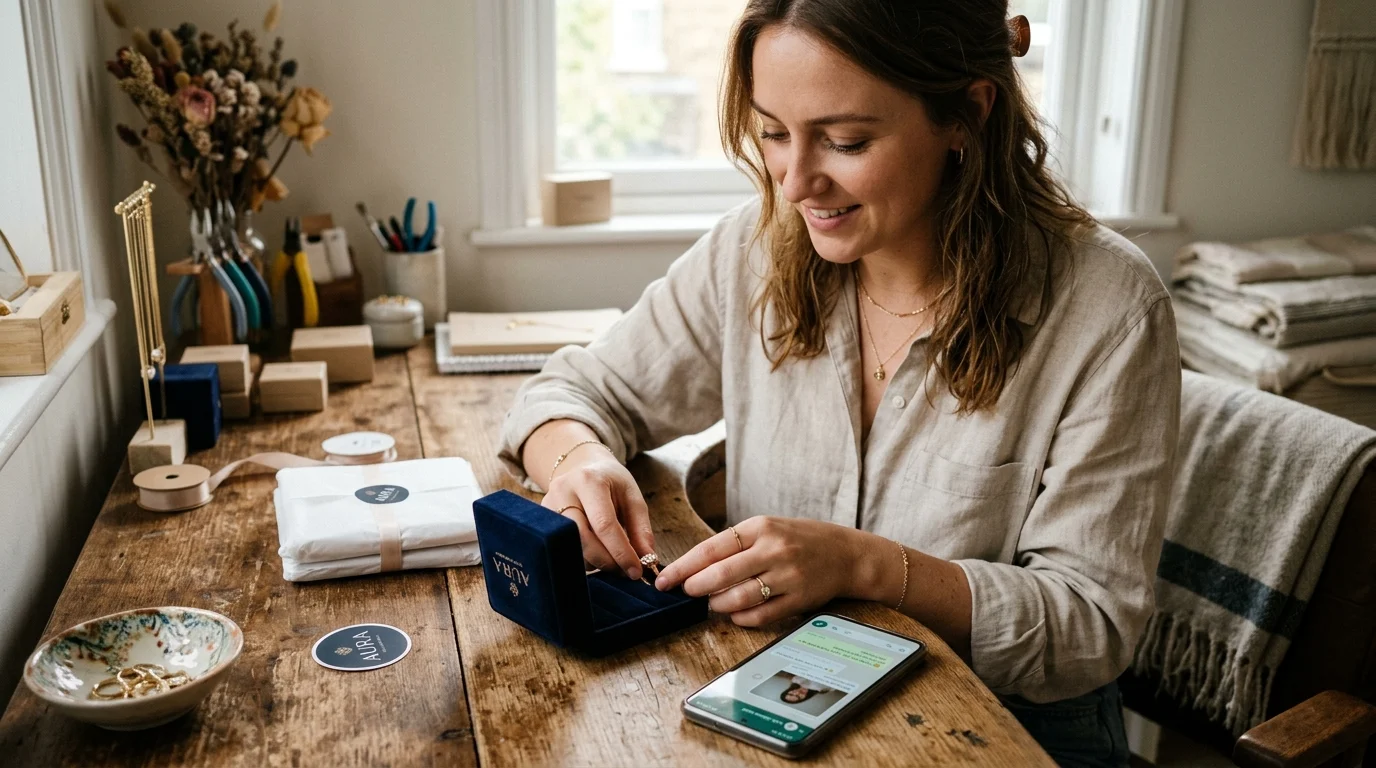 Jewellery seller packaging a ring with WhatsApp order confirmation